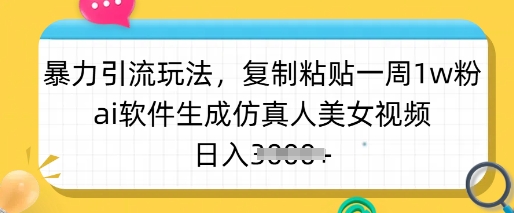 暴力引流玩法，复制粘贴一周1w粉，ai软件生成仿真人美女视频，日入多张-偏门项目网