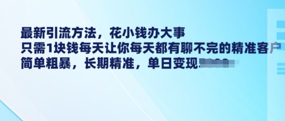 最新引流方法，花小钱办大事，只需1块钱每天让你每天都有聊不完的精准客户 简单粗暴，长期精准-偏门项目网