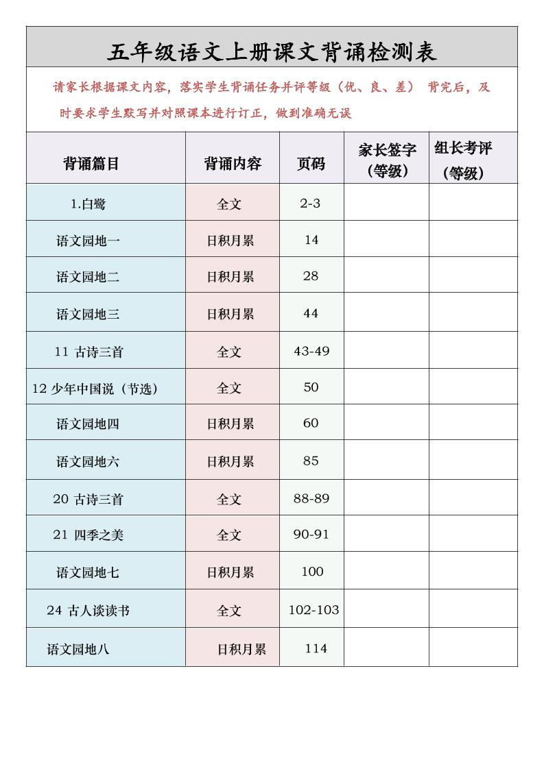 五年级语文上册课文背诵检测表-偏门项目网