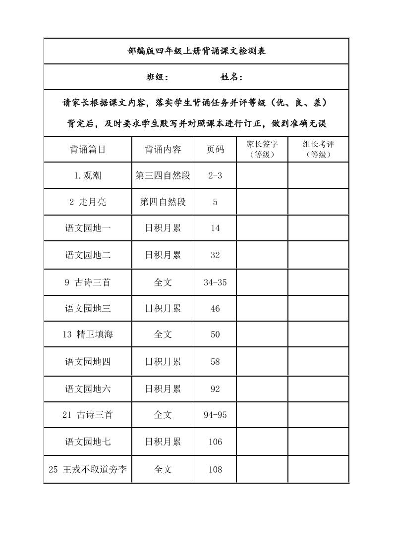四年级上册语文背诵课文内容及闯关表-偏门项目网