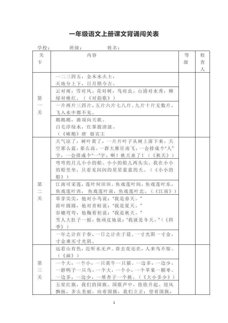 一年级上册语文背诵课文内容及闯关表-偏门项目网