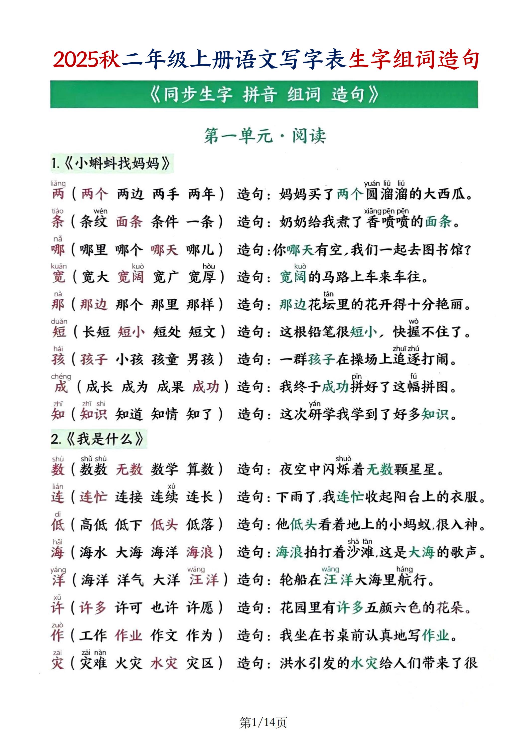 25秋二上语文写字表生字组词造句（14页）-偏门项目网