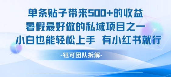 单条贴子带来5张的收益，暑假最好做的私域项目之一，小白也能轻松上手，有小红书就行-偏门项目网