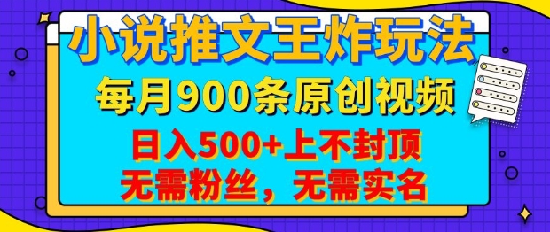 小说推文王炸玩法，一键代发，每月最多领900条原创视频，播放量收益日入5张，无需粉丝，无需实名【揭秘】-偏门项目网