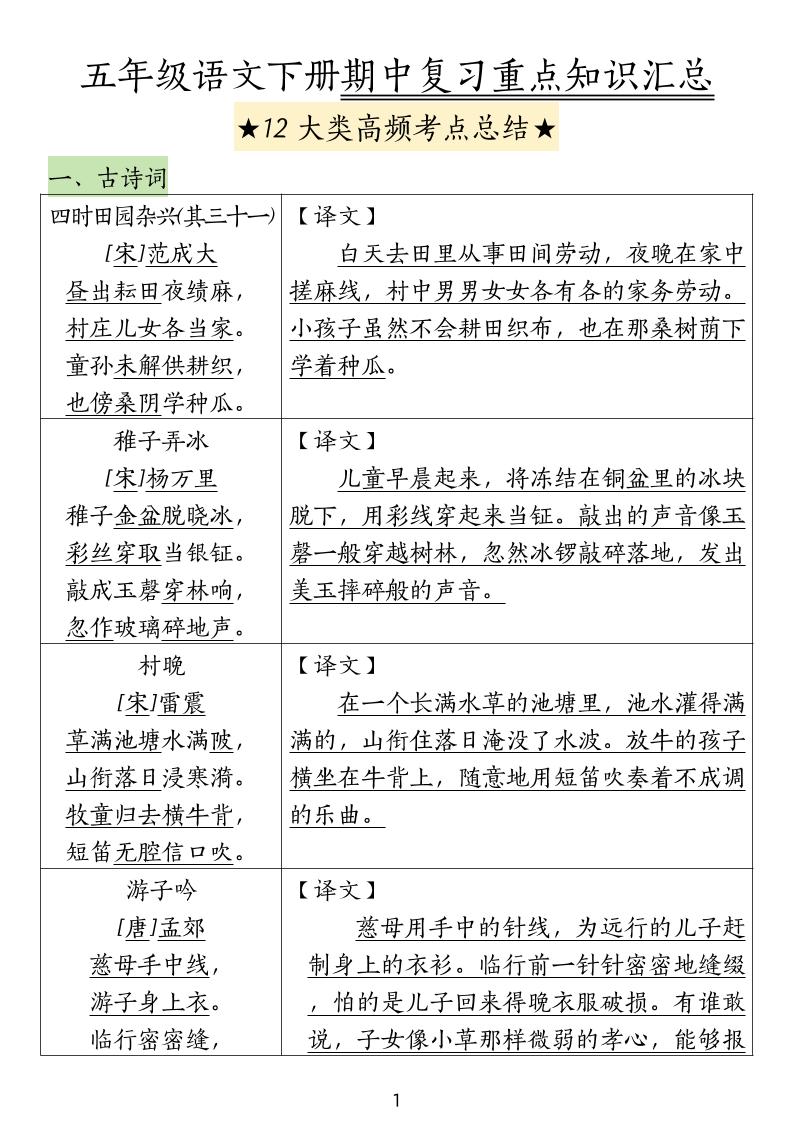 五下语文期中高频考点总结-偏门项目网
