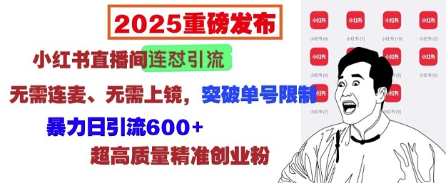 2025重磅发布：小红书直播间连怼引流，无需连麦、无需上镜，突破单号限制，暴力日引流600+-偏门项目网