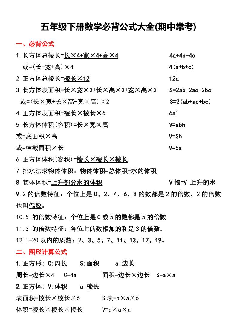 五年级下册数学必背公式大全(期中常考)-偏门项目网