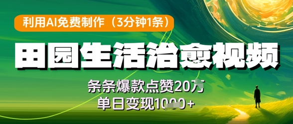 利用AI免费制作田园生活治愈视频，条条爆款点赞20W，单日变现几张-偏门项目网