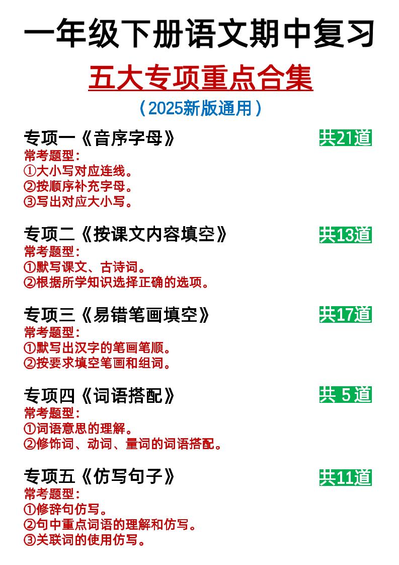 25新一下语文期中复习五大专项重点合集14页-偏门项目网