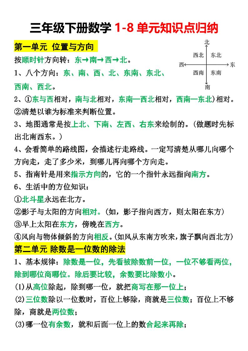 三年级下册数学1-8单元知识点归纳-偏门项目网