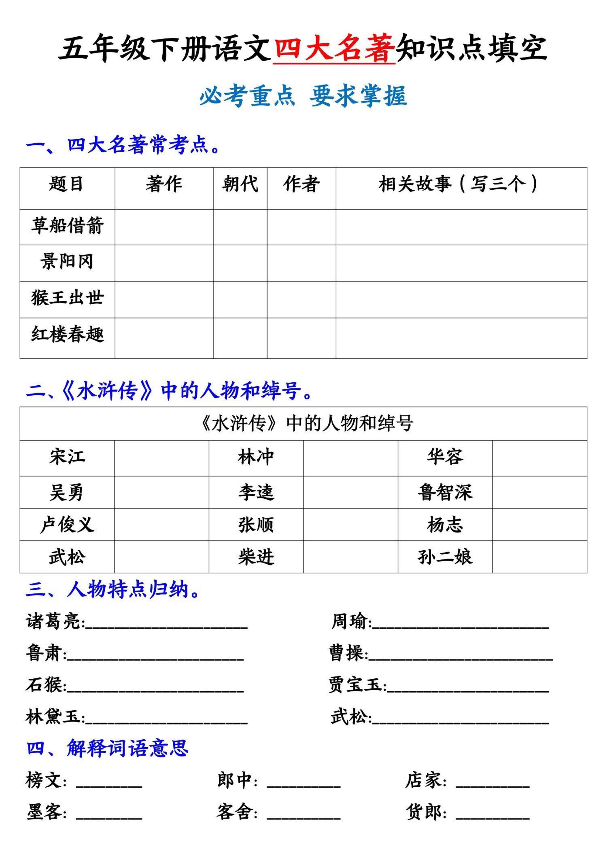 五年级下册语文《四大名著》知识点填空-偏门项目网