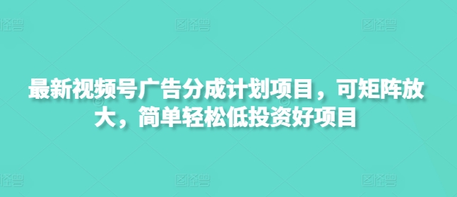 最新视频号广告分成计划项目，可矩阵放大，简单轻松低投资好项目-偏门项目网
