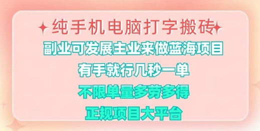 纯手机电脑打字搬砖，有手就行，几秒一单，多劳多得，正规项目大平台【揭秘】-偏门项目网