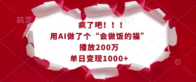 疯了吧！用AI做了个“会做饭的猫”，播放200万，单日变现1k-偏门项目网