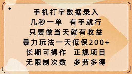 手机打字数据录入，几秒一单，有手就行，只要做当天就有收益，暴力玩法一天低保2张-偏门项目网