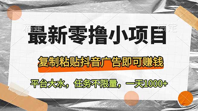 最新零撸小项目，复制粘贴抖音广告即可赚钱，平台大水，任务不限量，一…-偏门项目网
