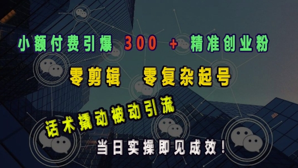 小额付费引爆 300 + 精准创业粉，零剪辑、零复杂起号，话术撬动被动引流，当日实操即见成效-偏门项目网